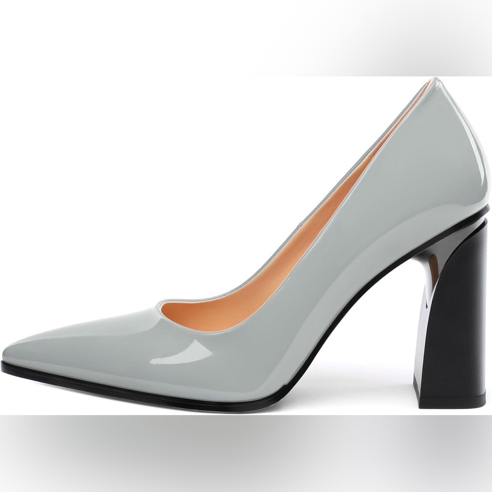 Chunky block heels patent closed pointed toe pumps slip on heels